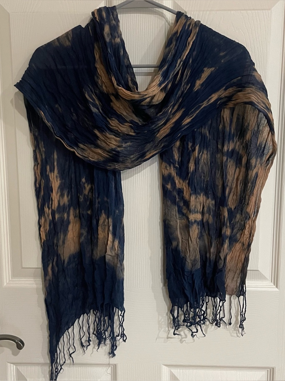 Blue and Tan Tie Dye Fashion Scarf with Fringe